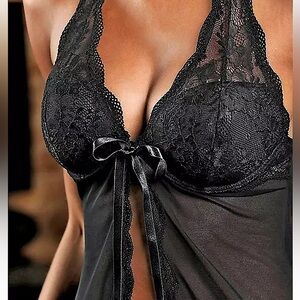 Elegant Sheer Black Lace Babydoll Lingerie Size 34B (bust) w/ Satin Ribbon Tie